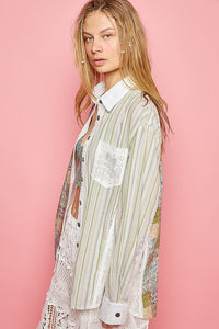 POL Oversized Multi Floral/Stripe Print Top with Lace in Green Multi