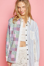 Load image into Gallery viewer, POL Oversized Multi Floral/Stripe Print Top with Lace in Blue Multi Shirts &amp; Tops POL Clothing   
