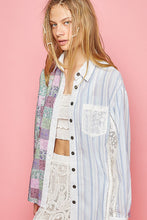 Load image into Gallery viewer, POL Oversized Multi Floral/Stripe Print Top with Lace in Blue Multi Shirts &amp; Tops POL Clothing   
