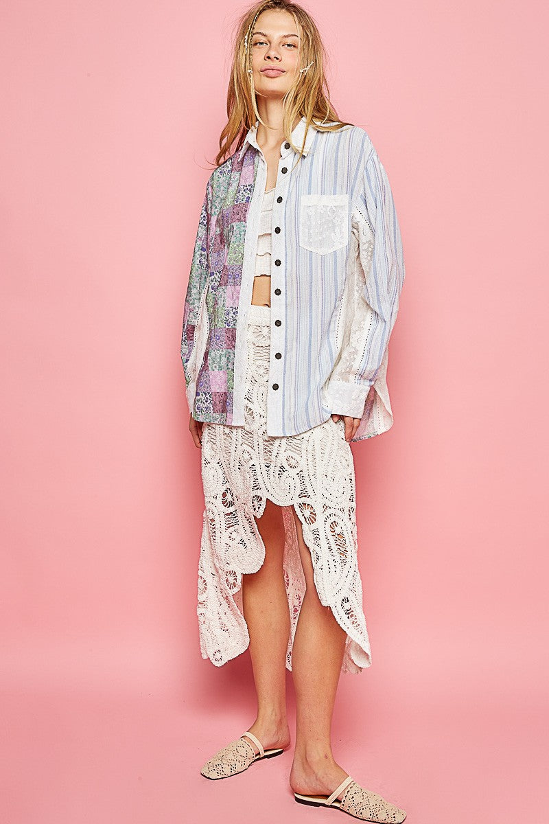 POL Oversized Multi Floral/Stripe Print Top with Lace in Blue Multi Shirts & Tops POL Clothing   