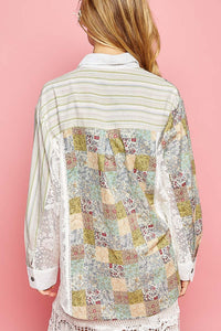 POL Oversized Multi Floral/Stripe Print Top with Lace in Green Multi