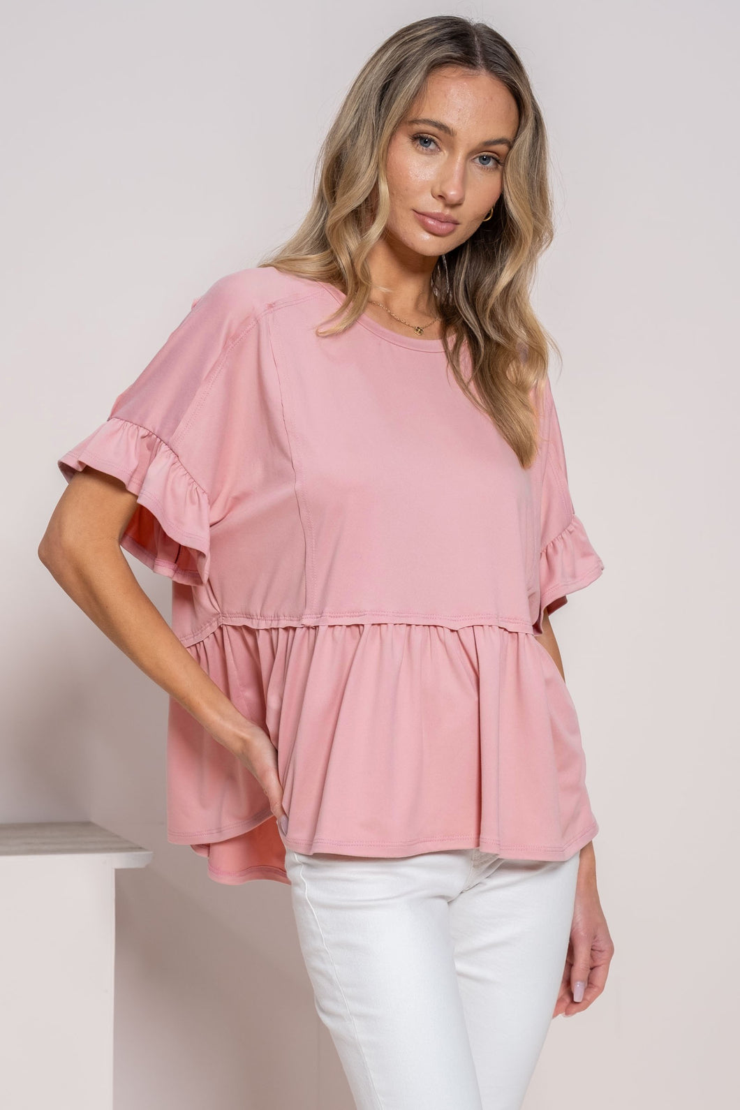 Hailey & Co Solid Color Baby Doll Top in Rose