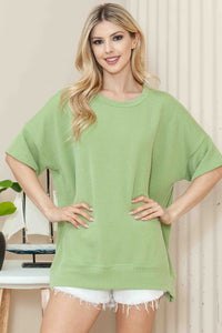 Solid Color Oversized Wave Ribbed Short Sleeve Top in Pistachio Shirts & Tops Burgundy Apparel   