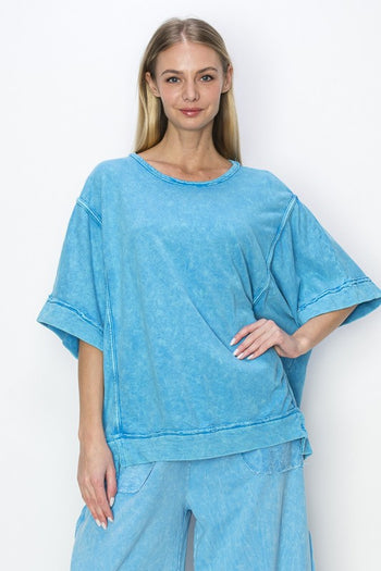 J.Her Mineral Washed Top with Binding Details in Ocean Blue Shirts & Tops J.Her   