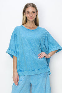 J.Her Mineral Washed Top with Binding Details in Ocean Blue Shirts & Tops J.Her   