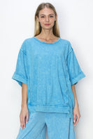 J.Her Mineral Washed Top with Binding Details in Ocean Blue Shirts & Tops J.Her   