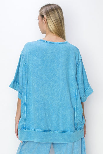 J.Her Mineral Washed Top with Binding Details in Ocean Blue Shirts & Tops J.Her   