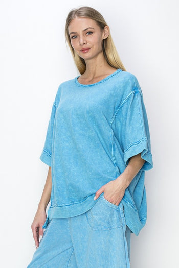 J.Her Mineral Washed Top with Binding Details in Ocean Blue Shirts & Tops J.Her   