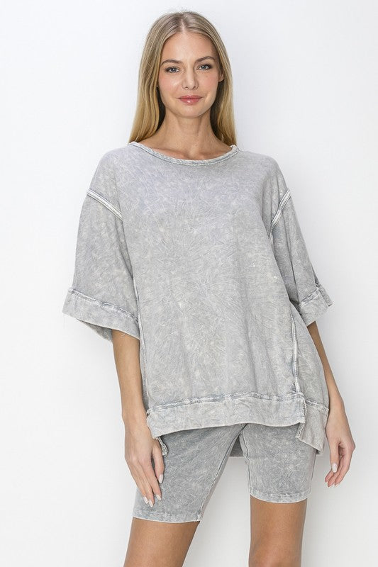 J.Her Mineral Washed Top with Binding Details in Light Grey Shirts & Tops J.Her   