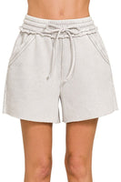Acid Washed Drawstring Shorts in Light Cement Shorts Zenana   