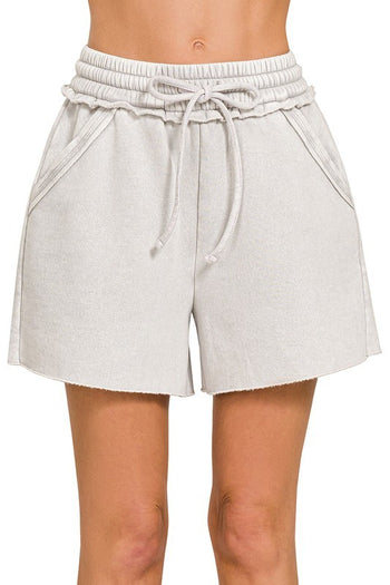 Acid Washed Drawstring Shorts in Light Cement Shorts Zenana   