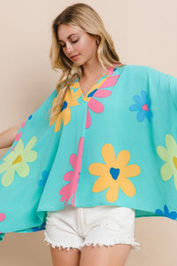 Oddi Floral Print Poncho Top in Aqua Blue Multi