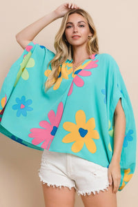 Oddi Floral Print Poncho Top in Aqua Blue Multi