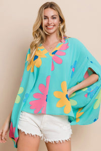 Oddi Floral Print Poncho Top in Aqua Blue Multi