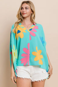 Oddi Floral Print Poncho Top in Aqua Blue Multi