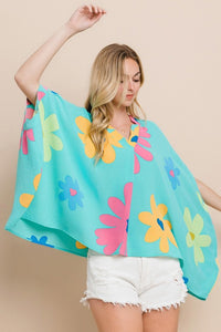 Oddi Floral Print Poncho Top in Aqua Blue Multi