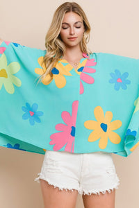 Oddi Floral Print Poncho Top in Aqua Blue Multi