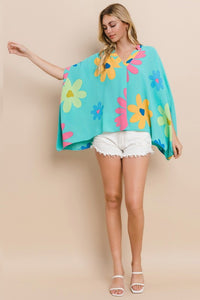 Oddi Floral Print Poncho Top in Aqua Blue Multi