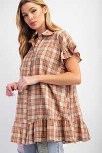 Easel Plaid Button Down Tunic Top in Wooden Shirts & Tops Easel   