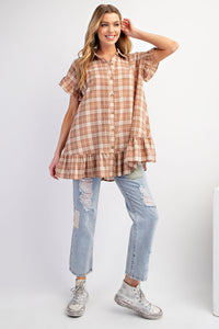 Easel Plaid Button Down Tunic Top in Wooden Shirts & Tops Easel   