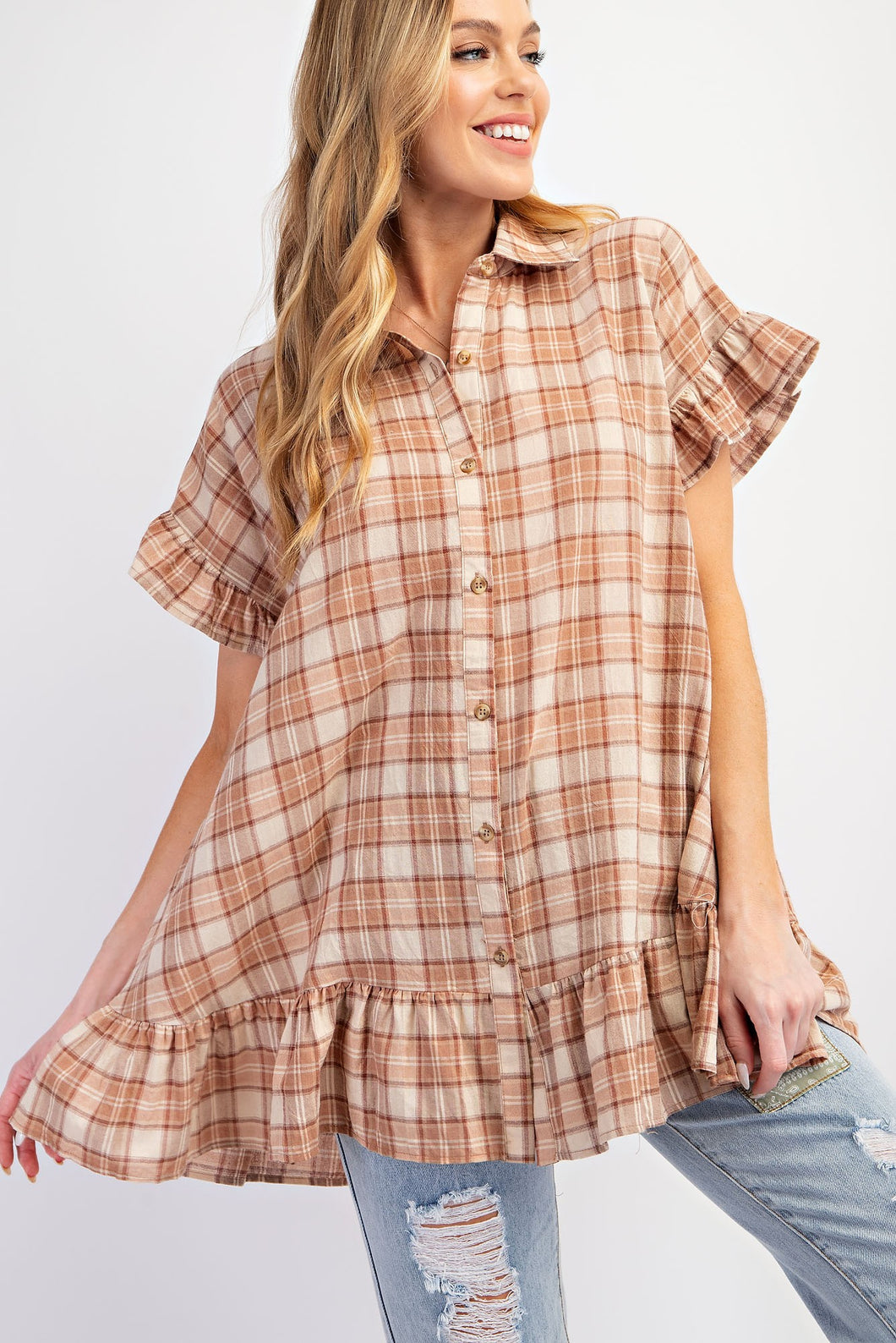 Easel Plaid Button Down Tunic Top in Wooden Shirts & Tops Easel   
