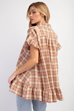 Load image into Gallery viewer, Easel Plaid Button Down Tunic Top in Wooden Shirts &amp; Tops Easel   
