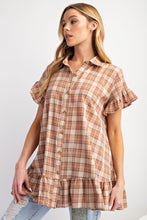 Load image into Gallery viewer, Easel Plaid Button Down Tunic Top in Wooden Shirts &amp; Tops Easel   
