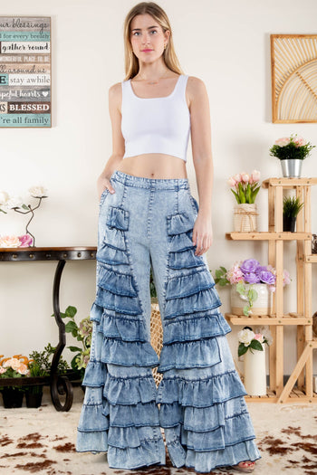 BlueVelvet Tiered Ruffled Pants in Light Denim