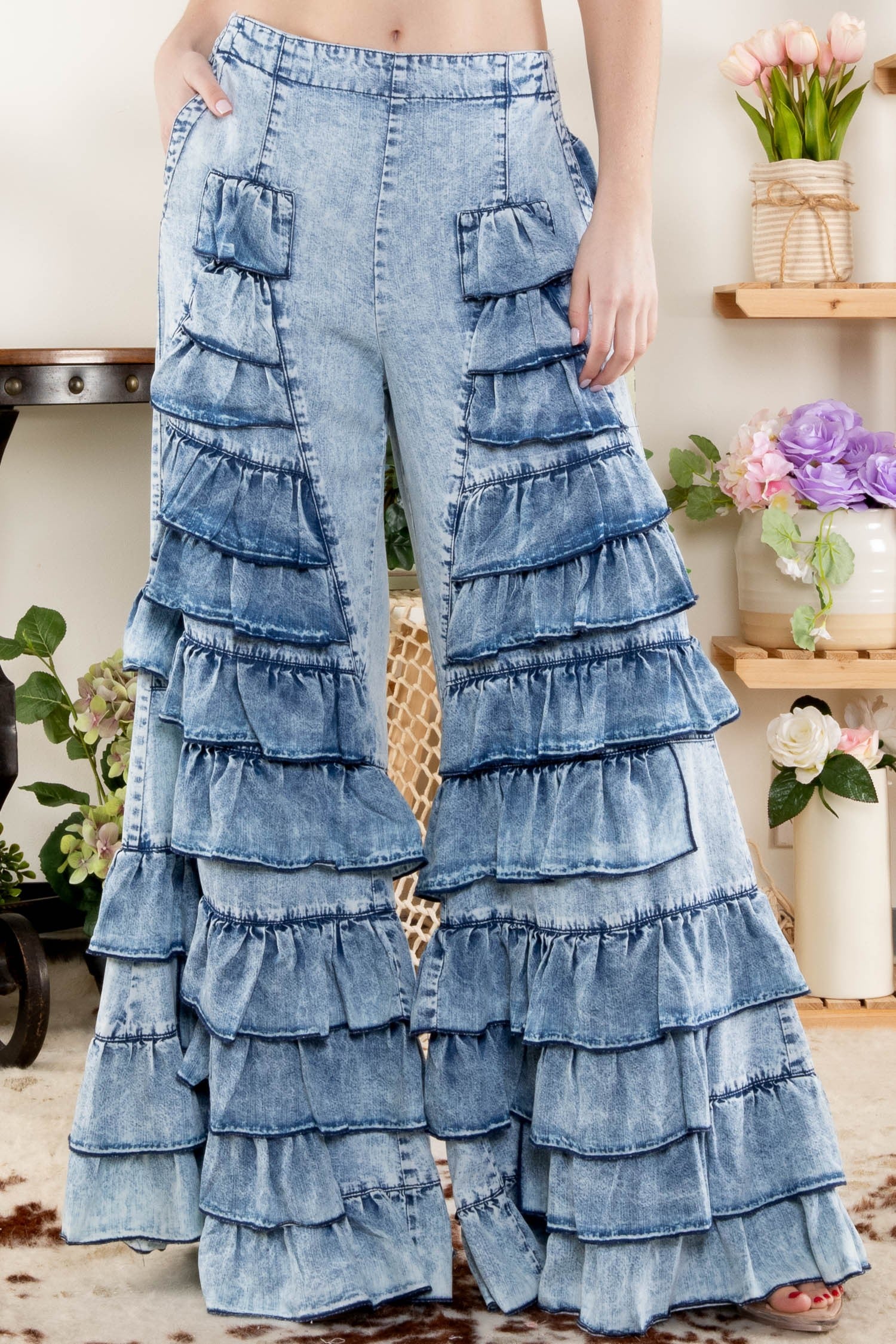 BlueVelvet Tiered Ruffled Pants in Light Denim – June Adel
