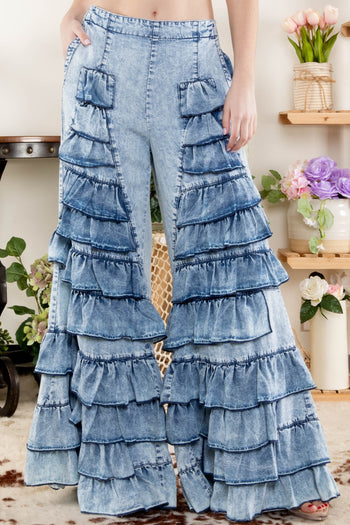 BlueVelvet Tiered Ruffled Pants in Light Denim