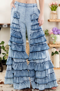 BlueVelvet Tiered Ruffled Pants in Light Denim ON ORDER