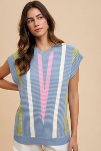 AnnieWear Multi Colored Chevron Striped Sweater Top in Soft Blue