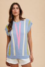 Load image into Gallery viewer, AnnieWear Multi Colored Chevron Striped Sweater Top in Soft Blue
