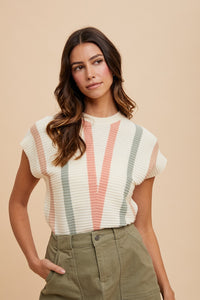 AnnieWear Multi Colored Chevron Striped Sweater Top in Ivory