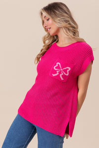 BiBi Sweater Top with Bow Pattern Patch Pocket in Fuchsia