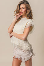 Load image into Gallery viewer, BiBi Cable Knit Top with Layered Chiffon Edges in Cream
