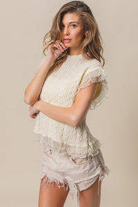 BiBi Cable Knit Top with Layered Chiffon Edges in Cream