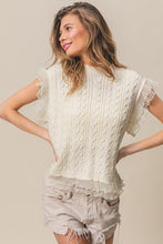 Load image into Gallery viewer, BiBi Cable Knit Top with Layered Chiffon Edges in Cream
