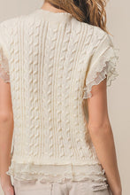 Load image into Gallery viewer, BiBi Cable Knit Top with Layered Chiffon Edges in Cream
