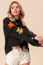 Load image into Gallery viewer, BiBi Corduroy Jacket with Multi Colored Flower Crochet Patches in Black Charcoal
