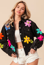 Load image into Gallery viewer, BiBi Corduroy Jacket with Multi Colored Flower Crochet Patches in Black Charcoal
