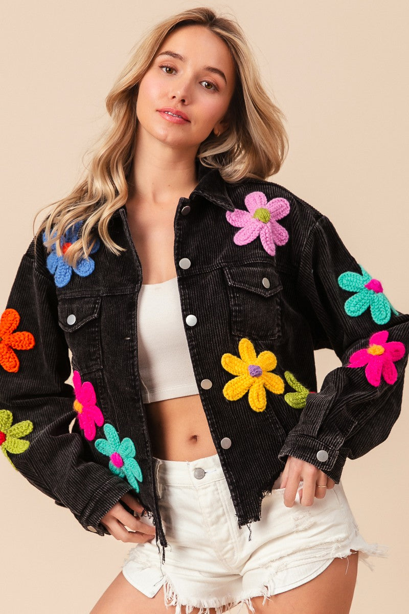 BiBi Corduroy Jacket with Multi Colored Flower Crochet Patches in Black Charcoal