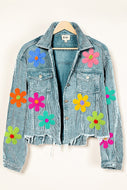 BiBi Corduroy Jacket with Multi Colored Flower Crochet Patches in Vintage Denim