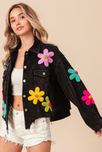 Load image into Gallery viewer, BiBi Corduroy Jacket with Multi Colored Flower Crochet Patches in Black Charcoal
