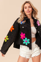 Load image into Gallery viewer, BiBi Corduroy Jacket with Multi Colored Flower Crochet Patches in Black Charcoal
