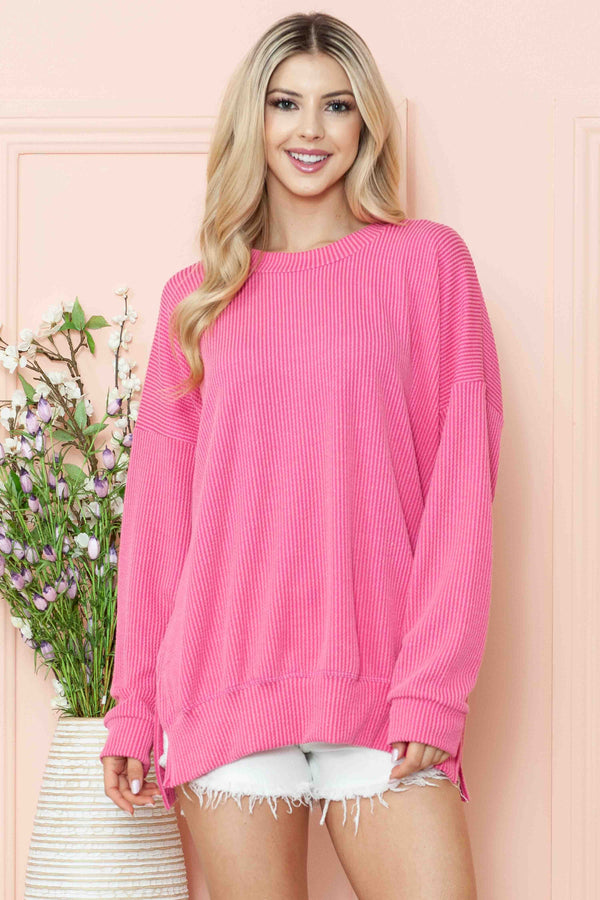 Solid Color Oversized Wave Ribbed Top in Fuchsia Shirts & Tops Burgundy Apparel   