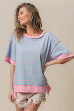 Load image into Gallery viewer, BiBi Contrasting Color Striped French Terry Top in Light Blue/Blush ON ORDER
