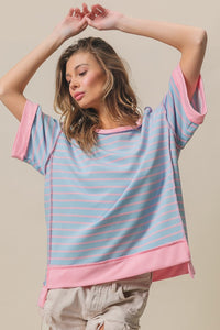 BiBi Contrasting Color Striped French Terry Top in Light Blue/Blush ON ORDER