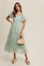 Load image into Gallery viewer, Listicle Smocked Bodice Tiered Mesh Maxi Dress in Mint
