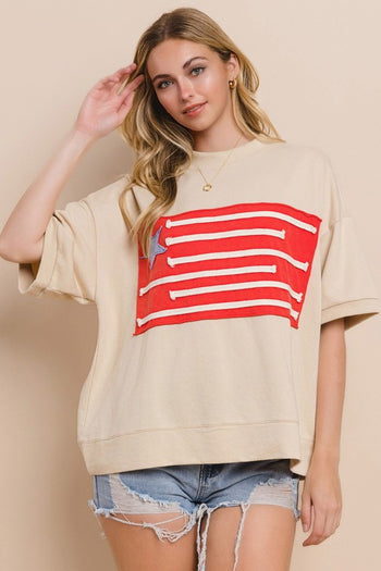 Oddi OVERSIZED Top with Flag Patch Front in Washed Sand
